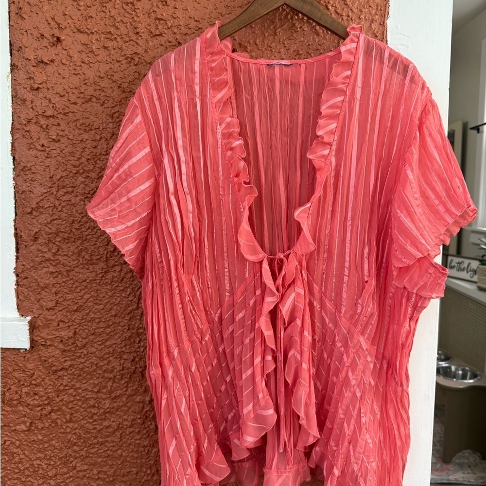 Women’s Y2K Sheer Ruffle Tie Blouse Fairy Peach/Coral Unsized Extra Large?